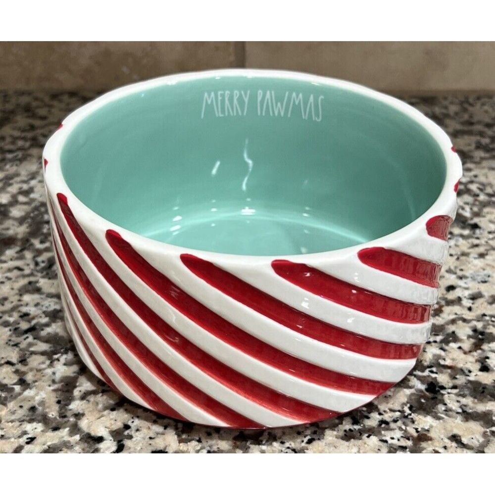 New Rae Dunn Pet Dog Bowl Red White Candy Cane Stripe Merry Pawmas Xmas 6.5x3.5"